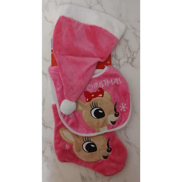 Babys First Christmas Pink Rudolph Clarice Reindeer Bib Hat Stocking Set Soft B6 - Picture 2 of 2